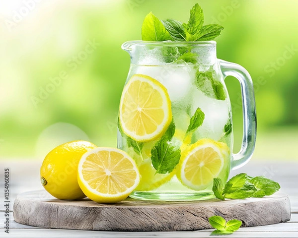 Fototapeta Refreshing lemonade pitcher with lemons and mint on wooden board