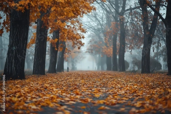 Obraz Autumn's Golden Path: A tranquil view of a leaf-strewn path through trees, bathed in the soft, misty light of an autumn day.