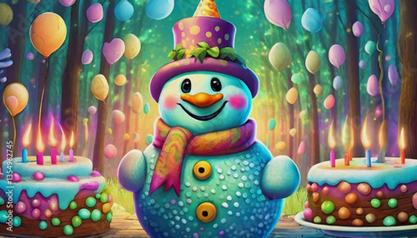 Fototapeta oil painting style cartoon character illustration multicolored happy snowman, with birthday cake