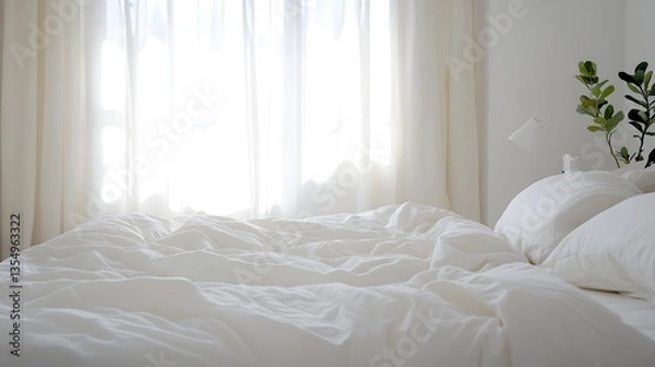 Fototapeta Bright and airy bedroom featuring a cozy bed with crumpled white bedding and soft natural light from the window : Generative AI