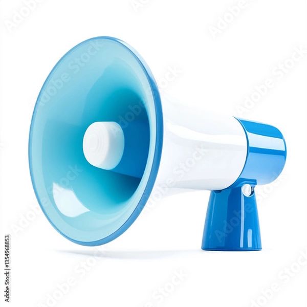 Fototapeta A blue and white megaphone isolated on a white background in a studio shot for communication use