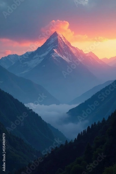Fototapeta Soft golden light filters through misty veil on mountain peaks at dusk, night sky, tranquil, dusk