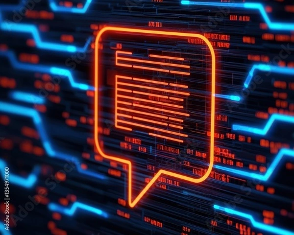 Fototapeta A vibrant digital interface featuring a glowing speech bubble icon against a backdrop of intricate data patterns and lines.