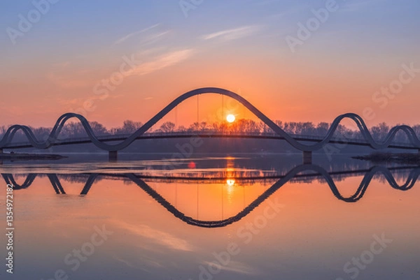 Fototapeta The rising sun crowns the wavy pedestrian bridge in Kyiv, casting golden light on the tranquil river. Its perfect reflection creates a mesmerizing symmetry, blending nature, architecture and serenity.