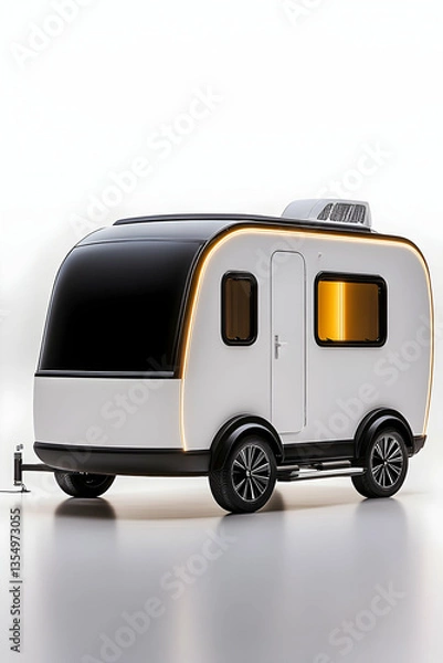 Fototapeta Sleek, modern camper trailer with illuminated accents, isolated on white