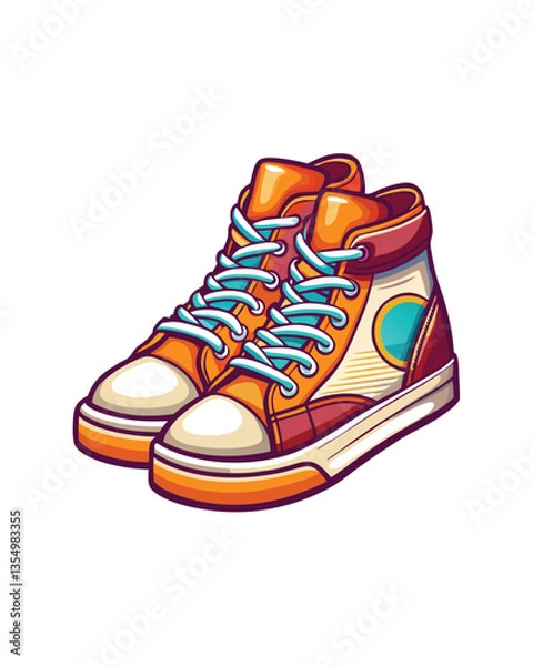 Fototapeta Generate an image of classic 1970s-style high-top sneakers, emphasizing retro design details and vibrant color schemes.  Show laces, sole, and overall texture.