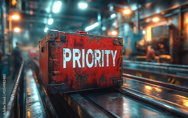 Fototapeta Red metal box labeled "PRIORITY" on a conveyor belt in an industrial warehouse setting
