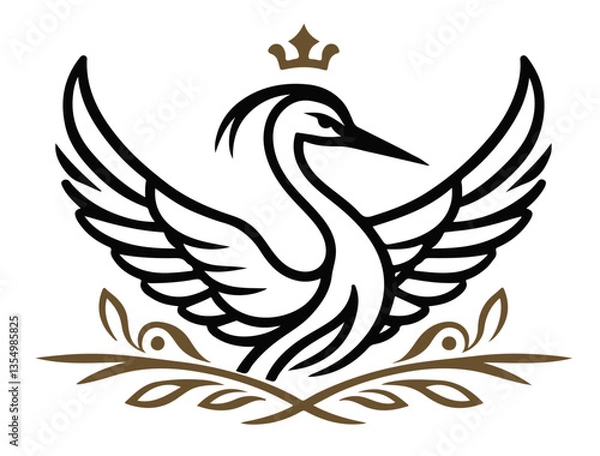 Fototapeta elegant crowned bird with wings black vector sketch