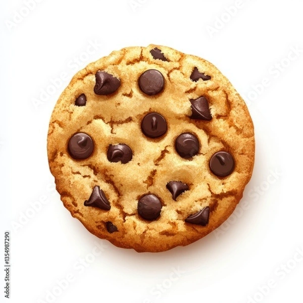 Fototapeta Vector graphic of a cookie, golden circular shape with dark chocolate chips, soft and textured appearance, clean sharp edges, isolated on a white background, versatile and simple illustration.