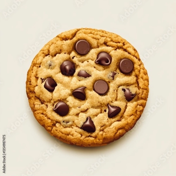 Fototapeta Vector graphic of a cookie with chocolate chips, circular shape, golden texture with brown chips, smooth clean edges, isolated on a blank background, minimalist and professional illustration.