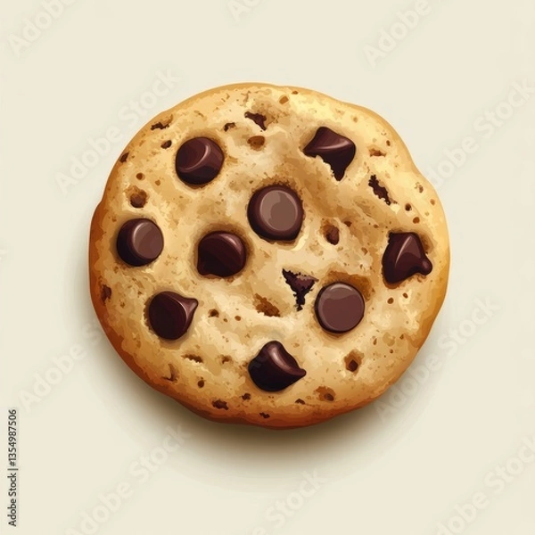 Fototapeta Vector graphic of a cookie with chocolate chips, circular shape, golden texture with brown chips, smooth clean edges, isolated on a blank background, minimalist and professional illustration.
