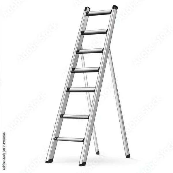 Obraz Vector graphic of a ladder, single straight design with a metallic finish, sharp clean edges, isolated object on a plain white background, modern and minimalistic.