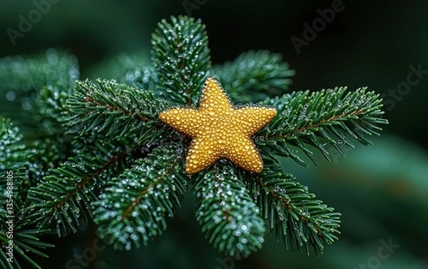 Fototapeta Golden star ornament on frosted evergreen