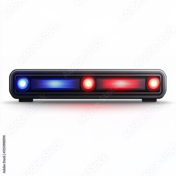 Obraz Vector graphic of a police light bar flasher, rectangular design with red and blue lights, metallic gray base, smooth clean lines, isolated on a blank background, professional style.