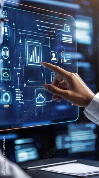 Fototapeta Business professional analyzing cloud migration strategies in a modern office setting.
