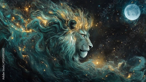 Obraz An artistic portrayal of a lion with a cosmic-inspired mane flowing like stardust. The dark, starry sky and full moon create an ethereal and mystical ambiance, merging nature with the cosmos.. AI