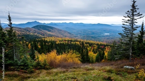 Fototapeta Stunning Autumn Landscape Showcasing Colorful Foliage and Mountain Range : Generative AI
