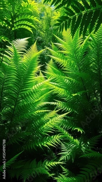 Fototapeta Lush green fern thicket with sunlight filtering through, ferns, leaves, forest