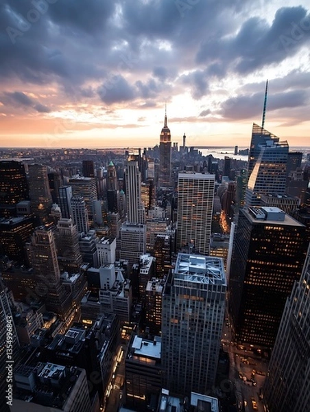 Fototapeta Stunning Aerial View of a Bustling City Skyline During Sunset with Dramatic Clouds : Generative AI
