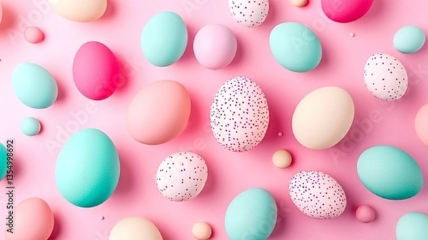 Fototapeta A vibrant display of pastel-colored eggs scattered on a pink background, perfect for Easter or spring-themed decorations.