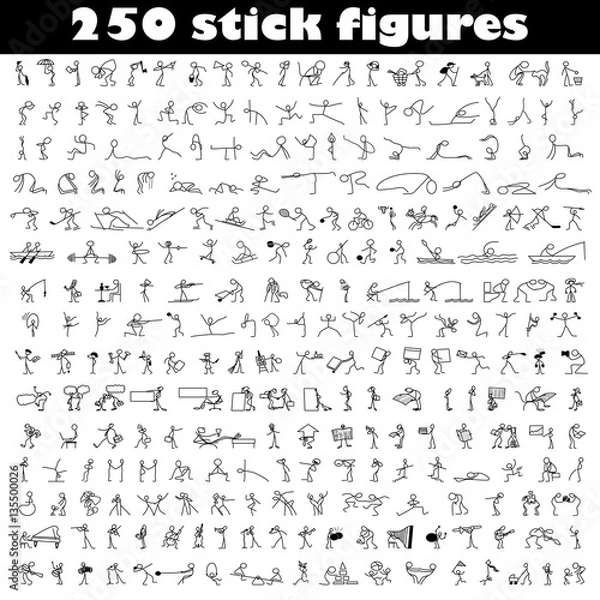 Fototapeta Cartoon icons set of 250 sketch little people stick figure