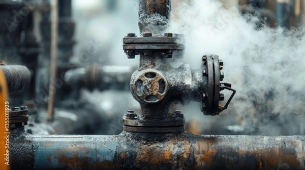 Fototapeta A detailed close-up of a steam-emitting industrial valve, surrounded by pipes in a factory setting. The scene highlights the rugged, metallic textures and the functional aspect of the machinery