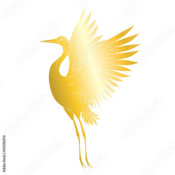 Obraz Illustration of a crane in flight on a plain white background. Crane silhouette with elegance, spread wings and golden color.