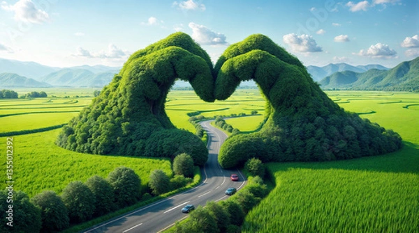 Fototapeta A heart made of trees and grass is in the middle of a road