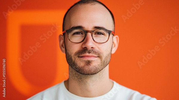 Fototapeta A smiling man with glasses poses against a vibrant orange background, exuding confidence and approachability.