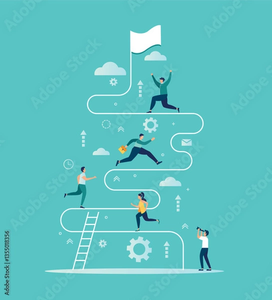 Fototapeta infographic illustration, The main stages of the timeline with pointers on the curved road, small people stand in the company and reason over each item, History of the company development conce vector