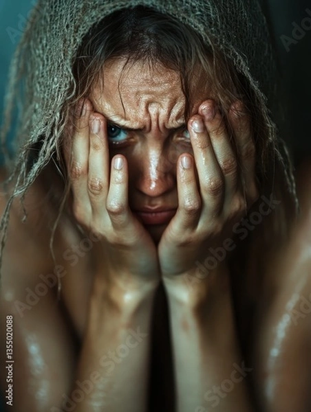 Fototapeta An evocative image of a person obscuring their face with their hands, surrounded by a veil of water, symbolizing deep emotional turmoil and the inner battles faced through life’s challenges.