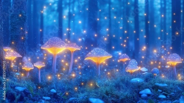 Fototapeta Enchanted Forest: Whimsical illuminated mushrooms glow, creating a magical ambiance in a captivating forest setting. Glowing lights dance amidst the mystical trees.
