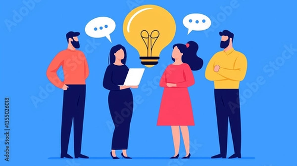Fototapeta A group of four people engaged in a discussion, with a light bulb symbolizing ideas, set against a blue background.
