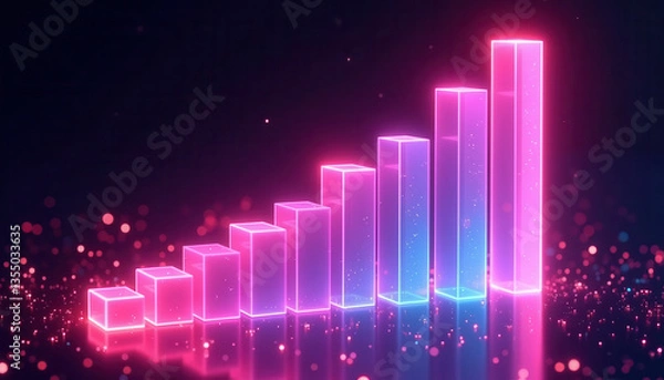 Fototapeta Neon bar graph displaying growth against a dark background  