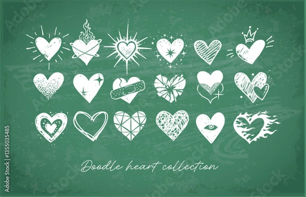 Obraz White hand-drawn doodle heart vector set on a green chalkboard background