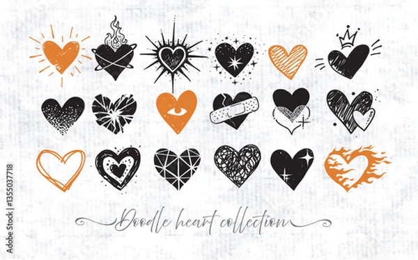 Obraz Collection of hand drawn black and orange doodle hearts on old paper background
