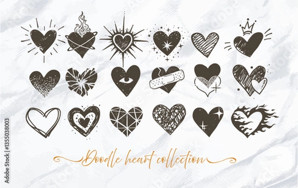 Obraz Collection of hand drawn doodle hearts on old paper background
