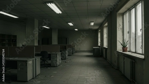 Fototapeta Abandoned office shows empty cubicles, dilapidated walls, and overgrown plant in pot. Dark, desolate workspace evokes feelings of neglect and isolation. End of work era concept.