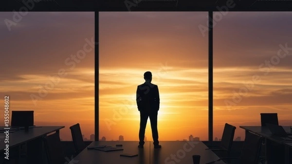 Fototapeta Businessman silhouette stands inside office at panoramic window at sunset overlooking cityscape. Success, leadership, ambition, career goals.