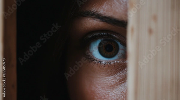 Obraz Intriguing glimpse through a weathered door with an eye peering out in a mysterious setting Generative AI