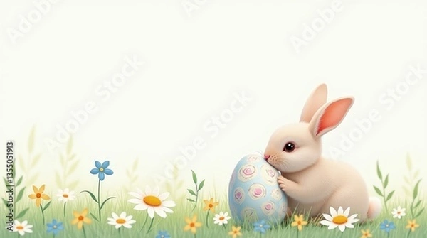 Fototapeta Easter Bunny with Decorated Egg in a Field of Flowers