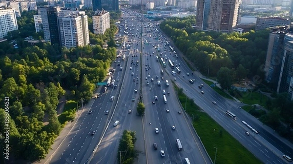 Fototapeta Aerial view of a busy urban highway surrounded by greenery and tall buildings : Generative AI