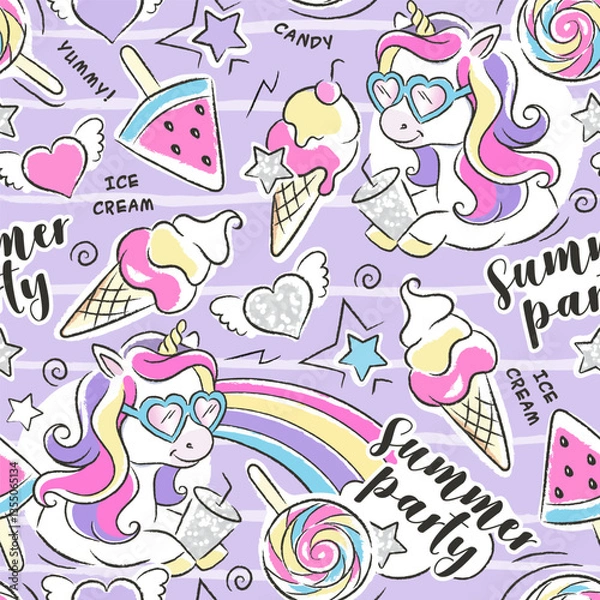 Obraz Summer pattern. Beautiful purple pool party unicorn pattern. Fashion illustration drawing in modern style