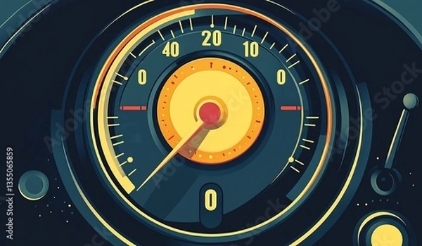 Fototapeta Close-up of the digital speedometer with a yellow circular light and an engine icon illuminated,