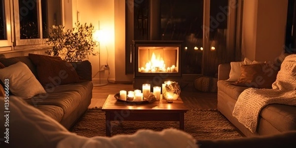Fototapeta Warm and inviting living room with a glowing fireplace, surrounded by candles, creating a cozy and relaxing atmosphere