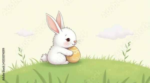 Fototapeta Cute Easter Bunny Sitting with an Egg in a Green Field
