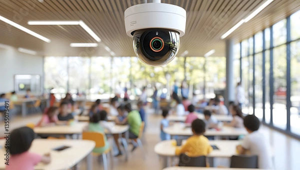 Fototapeta Security camera surveying a cafeteria filled with children light wood tones large windows and modern lighting fixtures.