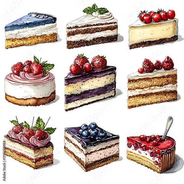 Fototapeta Assorted watercolor cake slices and individual cakes topped with fresh berries creating a delectable and colorful dessert collection.