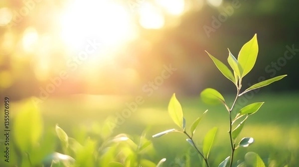 Fototapeta Close up view of green plant leaves in soft sunlight creating a serene atmosphere in nature : Generative AI