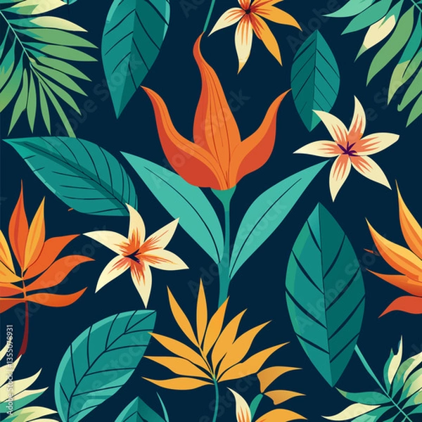 Obraz Vibrant tropical flower and leaf pattern.